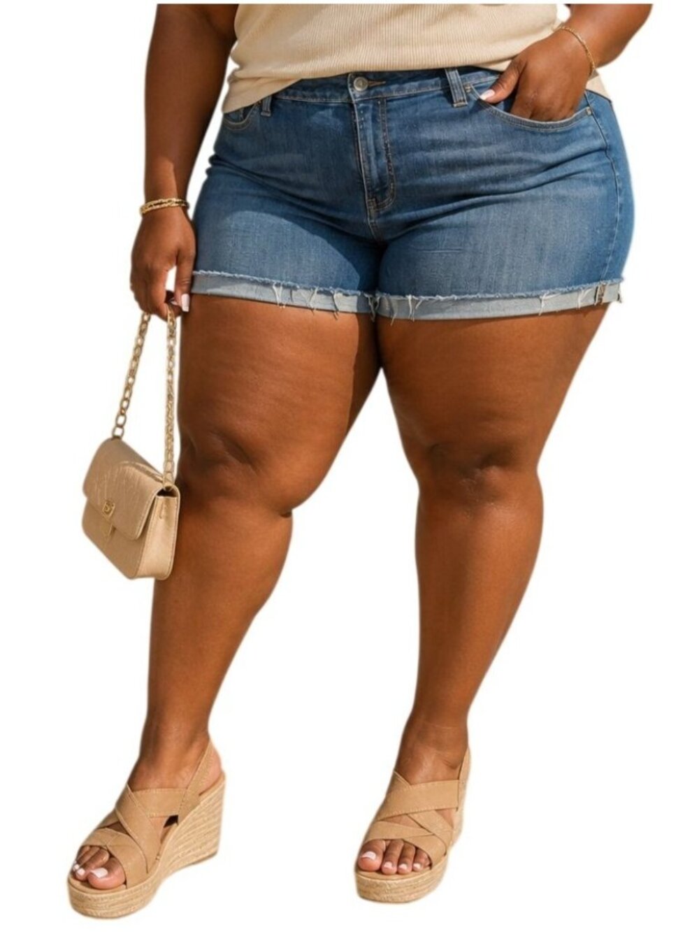 A.N.A Plus Size 22W Shorts Denim Distressed Adjustable Raw Hem Relaxed Fit Blue